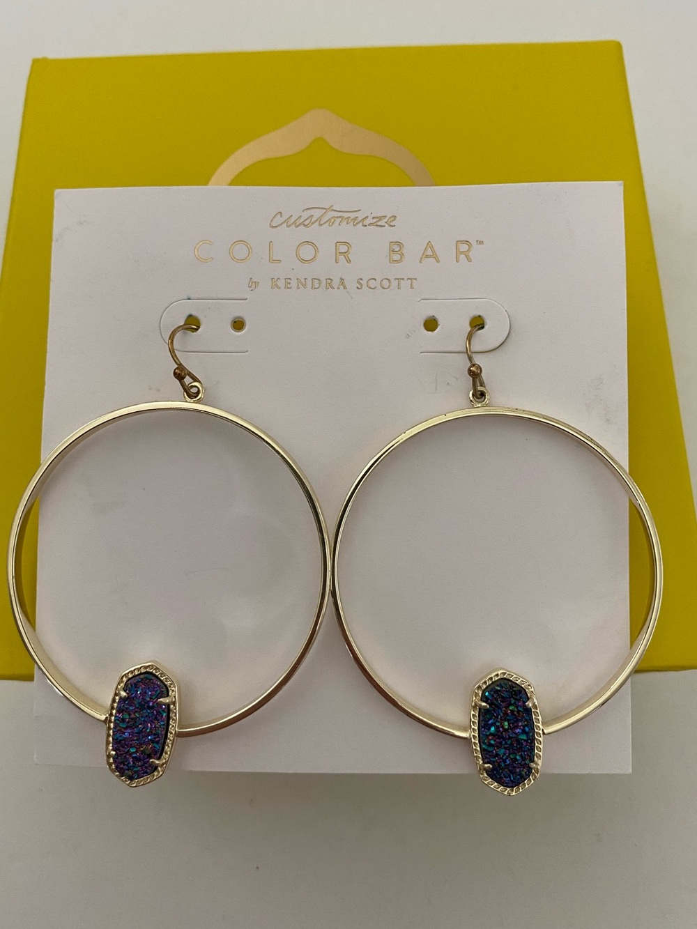 Kendra Scott Elora Gold Tone Hoop Drop Earrings with Blue Purple Druzy Accent